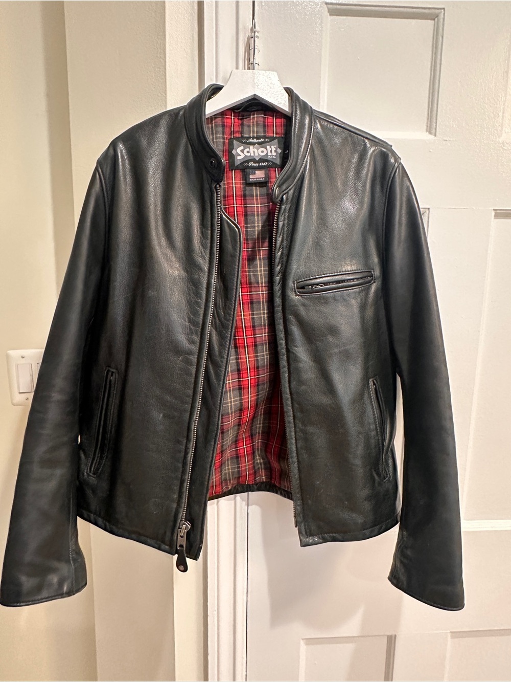 Schott Black Leather Bomber Jacket with Red Plaid Lining